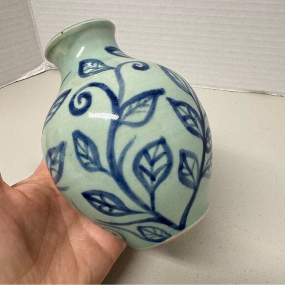 Lydia Lopez Island Hand Painted Pottery Blue Green Floral Mini Vase Boho Decor - Picture 8 of 8